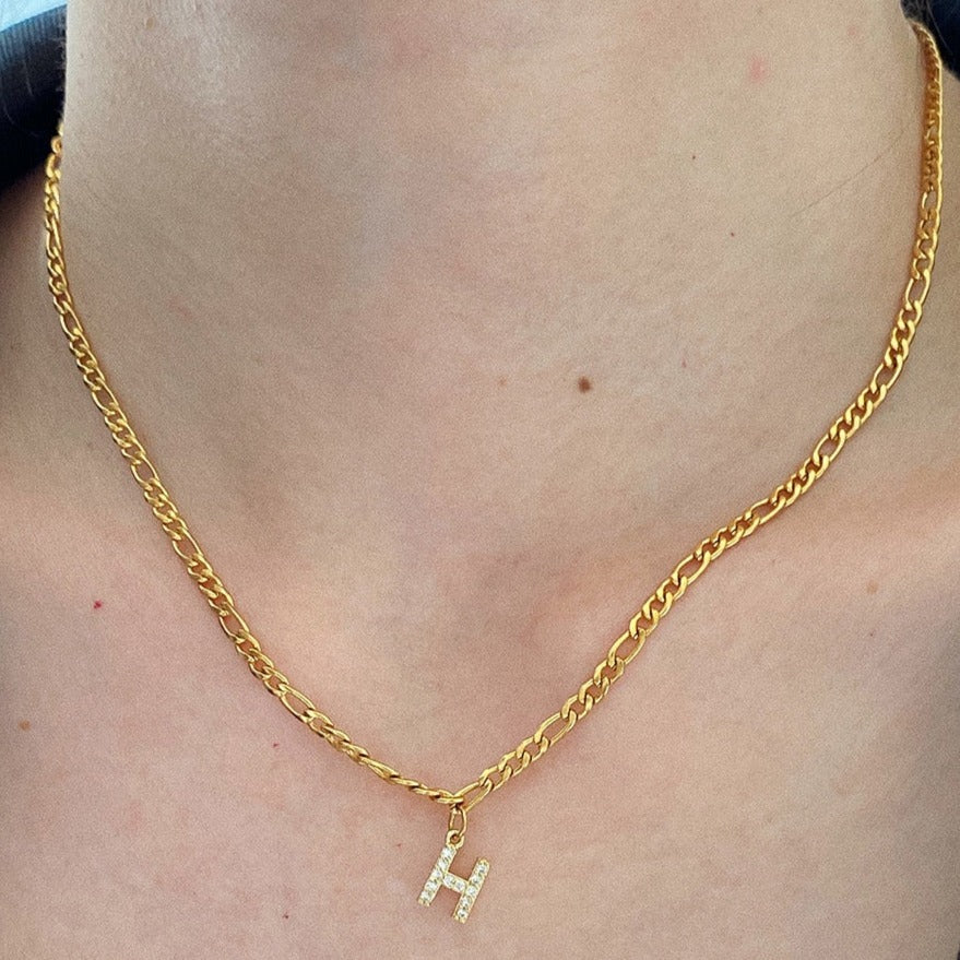 Tiny Spark Initial Necklace - Figaro Chain Variety - Figaro Chain with Initial / A The Namely Mine thenamelymine