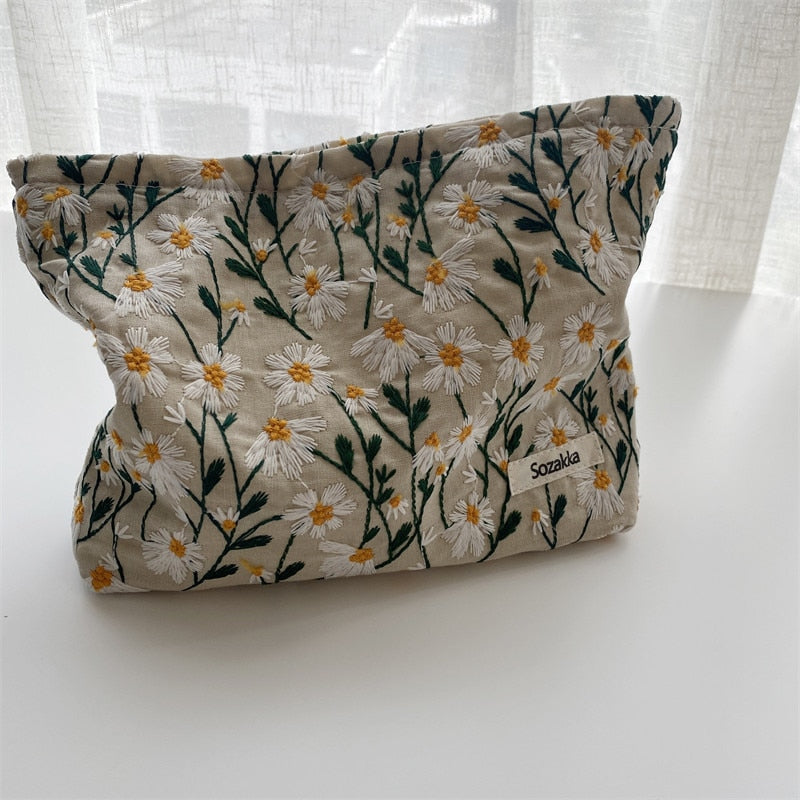 Retro Flowers Cosmetic Bag - Daisy Garden on Khaki The Namely Mine thenamelymine