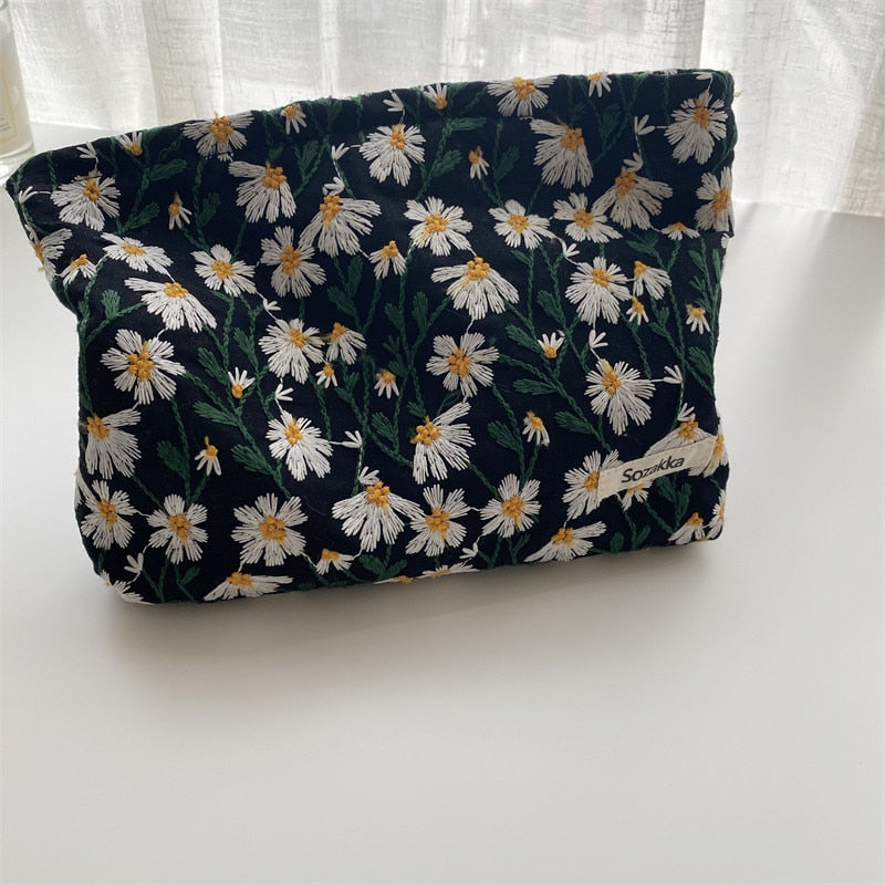 Retro Flowers Cosmetic Bag - Daisy Garden on Black The Namely Mine thenamelymine